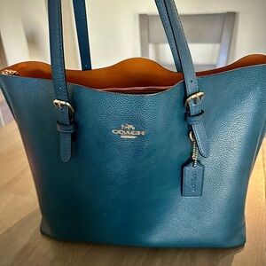 Coach Blue Leather Tote with Gold Details